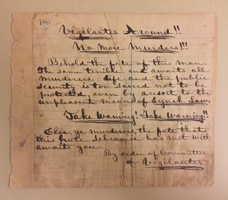 Letter of warning by the Committee of Vigilantes (Georgetown, Colorado), 1870s. C MSS -M805