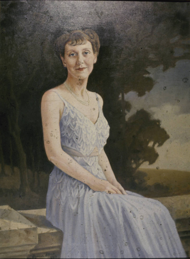 Portrait of Mamie Doud Eisenhower, wife of President Dwight D. Eisenhower; she wears a blue, sleeveless dress with a pearl necklace.