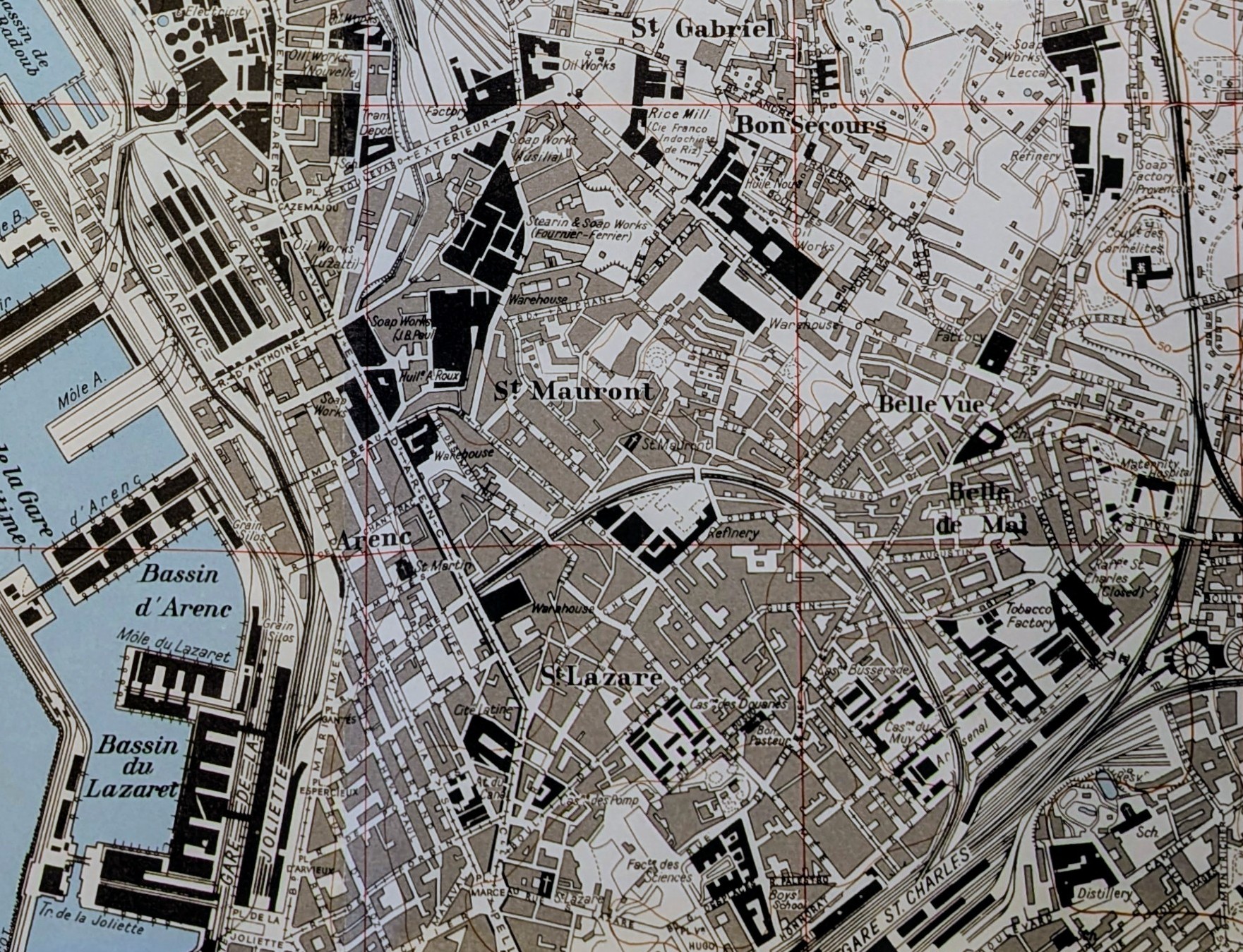 Figure 1. Photograph of an AMS map depicting warehouses, refineries, tobacco factory, a maternity hospital, soap works, boys school, distillery, and more in Marseille, France. 