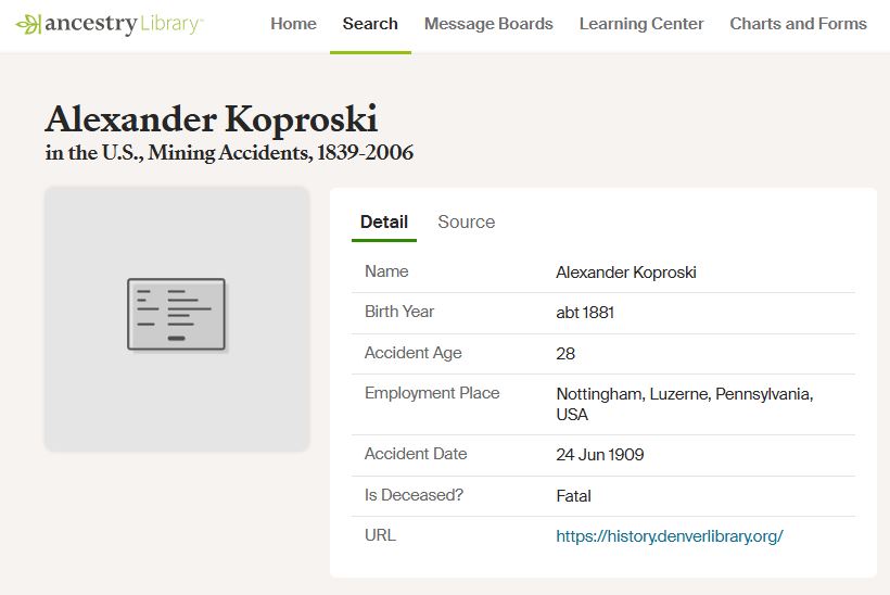 Figure 1. Alexander Koproski in Ancestry/Ancestry Library’s Edition “U.S., Mining Accidents, 1839-2006” collection.