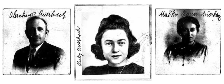 Photos from the naturalization paperwork of Abraham, Ruby, and Malka Chana Auerbach