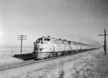 View of express passenger train 18, "Portland Rose," near Henderson, Colorado.