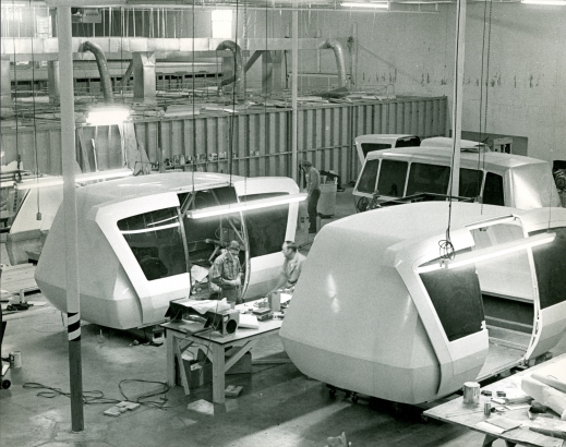 Under construction in the Denver factory of Transportation Technology, Inc. are prototype cars for the Personal Rapid Transit systems designed and built by TTI. February 17, 1972. (WH2129-2018-1306)