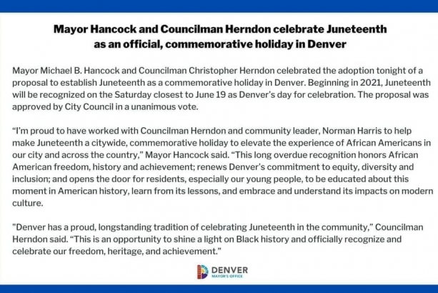 Denver City Council declared Juneteenth an official commemorative holiday.