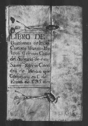 The cover of the 1795 Mexico City cathedral baptism registry for Native Americans, Mestizos, Mulatos, Castizos, and others.
