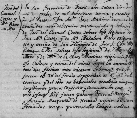 A marriage entry from Taos in 1834. Note how the priest, parents, and children share the names José and María, abbreviated as Mª. Image courtesty of FamilySearch.org