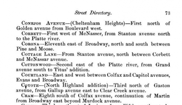 Street directory section in the 1885 Denver City Directory