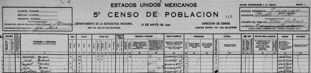 A 1930 Mexican census entry showing the family of Rosendo Gómez and Justa Salazar living in Durango. Note how Justa Salazar is listed by her maiden name while Rocendo and the children are named Gómez.