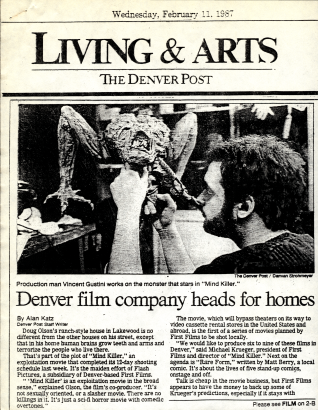 Scan of a 1987 Denver Post article about the making of the film. The photo is of a production crew member working on a monster prop for the film.