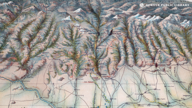 Bird's eye view of the mountains & plains from "Lookout Mountain" Denver's summer resort.
