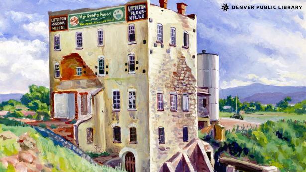 This watercolor and gouache painting shows the Littleton Flour Mills