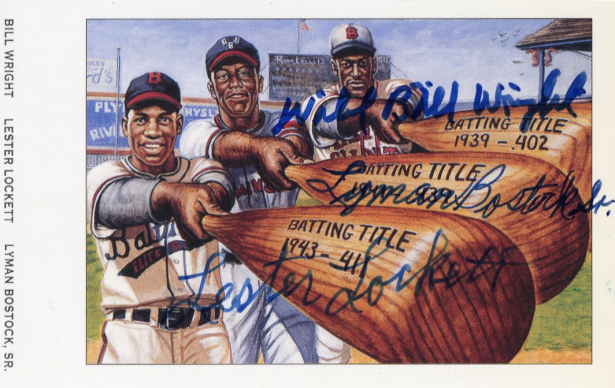 Signed post card of Bill Wright, Lester Lockett, and Lyman Bostock, Sr.