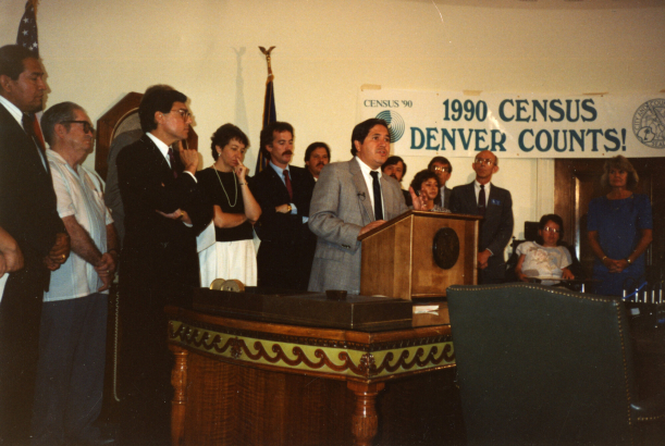 Richard Castro, Executive Director of the Denver Agency for Human Rights and Community Relations, speaks at a 1990 census Denver Complete Count event.