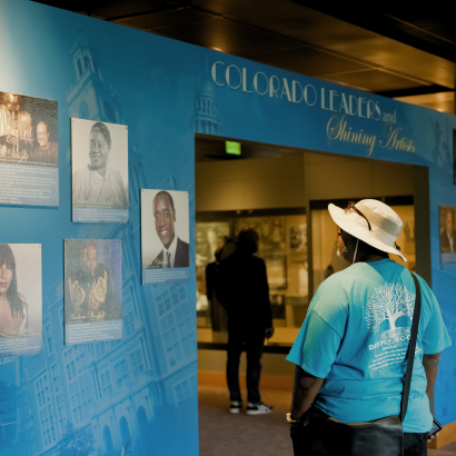 Customer visiting the Blair-Caldwell African American Research Library's museum on the third floor.