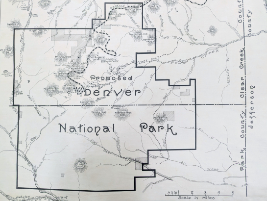 Black and white map showing proposed boundaries for Denver National Park.