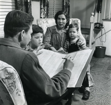 Census enumerator visiting a Virginia household during the 1950 U.S. Census. Image courtesy of the National Archives.