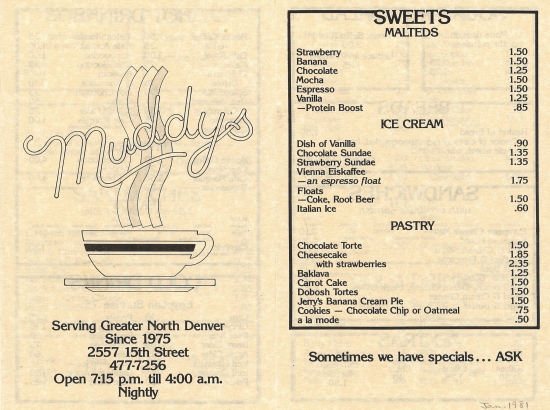 A menu from the original Muddy's
