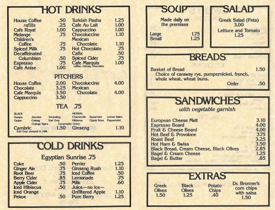 Muddy's menu interior