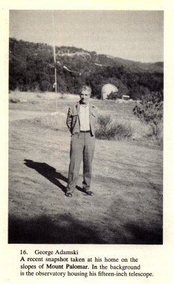 Adamski posing in front of his homemade observatory