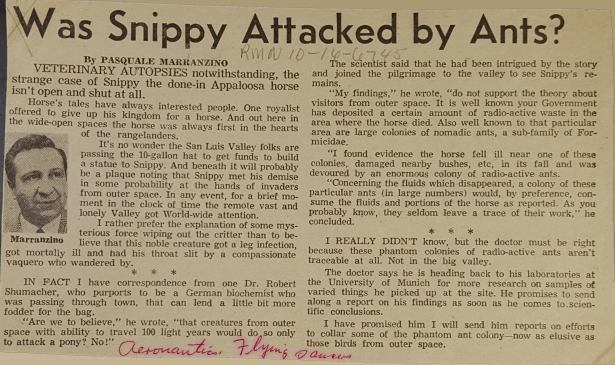 %name La Historia de Snippy, el caballos que supuestamente habría sido muerto por extrañas lucen en el cielo en Valle de San Luis, Colorado, EEUU en 1967