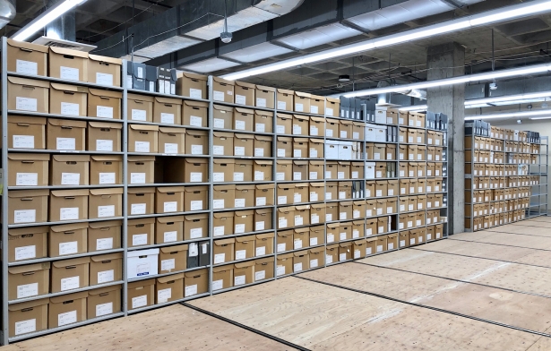Orderly folders in orderly boxes on orderly shelves
