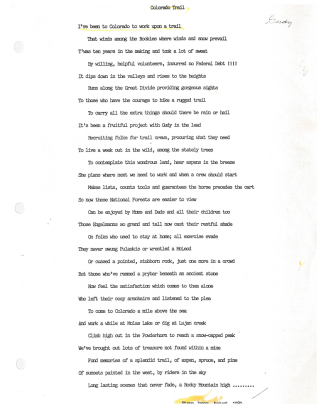 Colorado Trail poem, by Steve Jones, August 1980