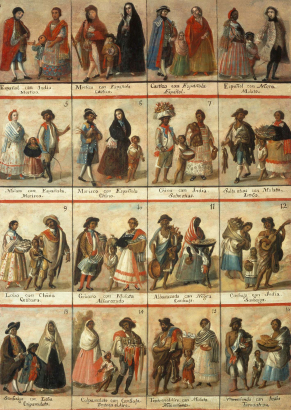 18th century casta painting containing complete set of 16 casta combinations (racial classifications in Spanish colonies in the Americas). Oil on canvas from the Museo Nacional del Virreinato, Tepotzotlán, Mexico.
