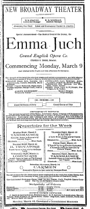 Advertisement for Emma Juch with Grand English Opera Co. "commencing Monday March 9"