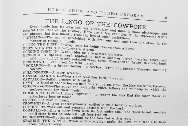 "Lingo of the Cowpoke" found in the National Western Horse Show & Rodeo souvenir program, 1933