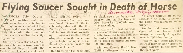 Scan of article about seeking flying saucer in realtion to horse death