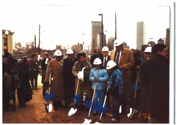 Pictured left to right: Charleszine 'Terry' Nelson, The Honorable Elbra Wedgeworth, unidentified supporter, Danielle Jones, unidentified child representative, Elvin R. Caldwell and former Denver Mayor Wellington E. Webb