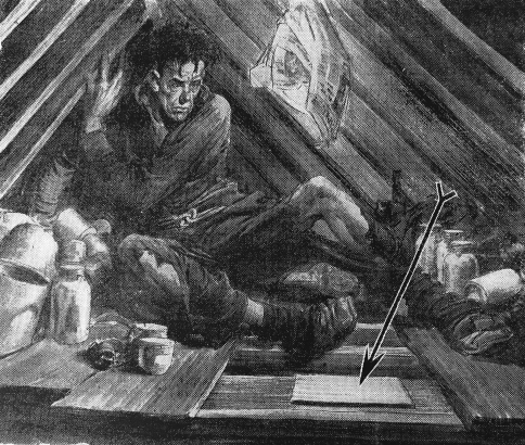 Artist's rendering of the Spider Man in his attic refuge. The American Weekly, 1942.