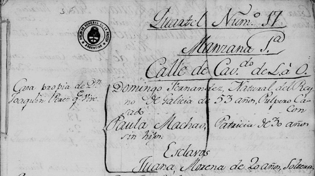 An 1806 Buenos Aires census record showing Joaquín Pérez renting to Domingo Fernández, from the Kingdom of Galicia. Fernández, age 53, was married to Paula Machao, age 30, with no children. A slave named Juana Morena, age 20 and single, lived with them.