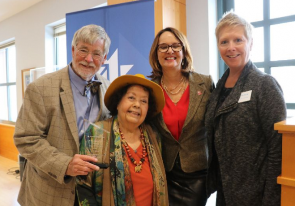Dr. Tom Noel, Gehres committee member, previous honoree and Magdalena’s mentor; Magdalena; Cathy Lucas, Denver Public Library Commission and chair of the Gehres committee; and City Librarian Michelle Jeske.