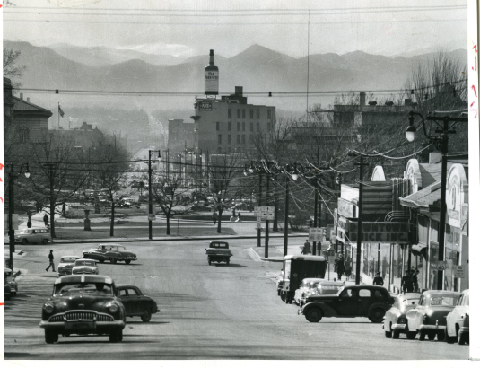 Heading west on Colfax Avenue at Grant Street, March 19, 1952