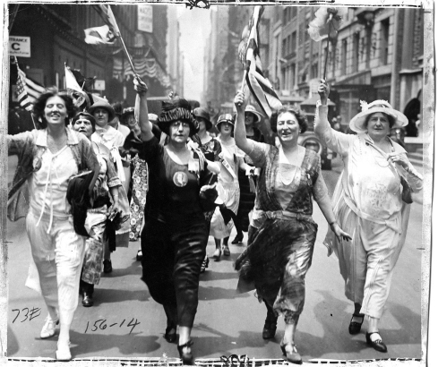 Photo shows California women delegates to the Democratic convention still energetic and able to parade and cheer for their choice after two weeks of listening to speeches and balloting in the hottest of New York city weather.