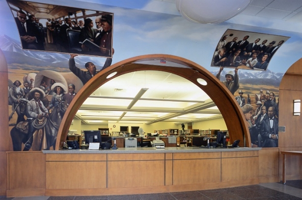 Circulation Desk Mural by artist Yvonne Munde