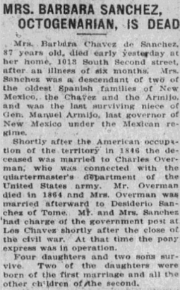 An Albuquerque Journal obituary of Bárbara Chávez de Sánchez who died in Albuquerque, New Mexico, on October 16, 1917. Note how the writer of the obituary used her three surnames interchangeably, which may complicate research.