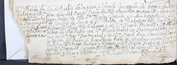 A marriage entry from May 30, 1745, in Cajatambo, Lima, Peru, showing the marriage between Phelipe de Zalazar (Felipe de Salazar) and María Ysabel Yrrarsabal (María Isabel Irarrázaval).