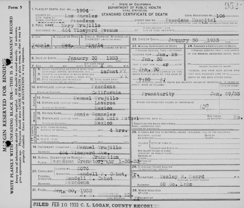 A 1933 California death certificate showing a Mexican family that has adopted English variants of their names. Image courtesy of FamilySearch.org