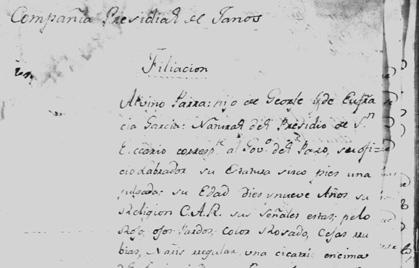 A military record from the Presidio of Janos, Chihuahua, about Alvino Parra detailing his parents’ names, birthplace, religion, and physical description showing he was  5’ 1”, 19 years old, red hair, brown eyes, birthmarks, and scars.