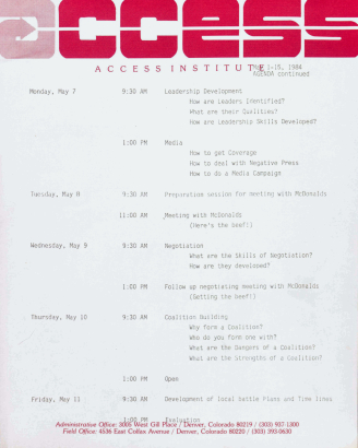 Access Institute training schedule for May 7-11, 1984