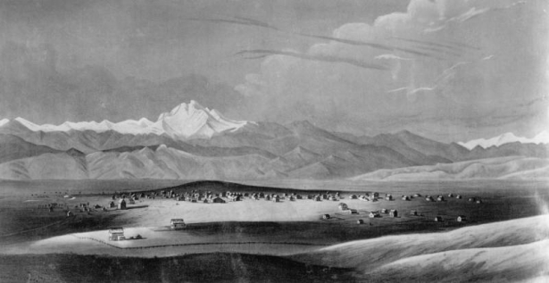 Image of a A. E. Mathews sketch of snow covered Longs Peak and early Longmont, Colorado, shows the town's widely scattered wood frame residences and businesses in the St. Vrain River valley.
