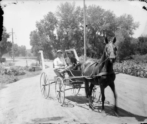 Men pose in a horse-drawn buggy on Alameda Avenue in Denver, Colorado. Shows the bridge over Archer Canal.