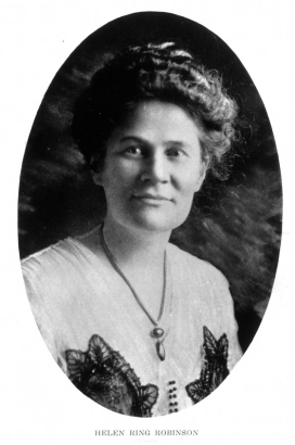 Head and shoulders portrait of Helen Ring Robinson, educator, writer, politician and first woman State Senator of Colorado. She wears her hair up in a bun, a light dress with dark floral decoration and a pendant around her neck.