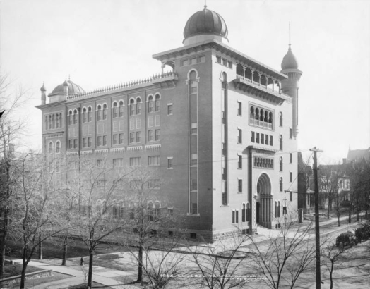 Exterior view of El Jebel Temple on 18th (Eighteenth) & Sherman Street in Denver, Colorado. The Moorish style structure features onion domes, spires, Moorish arches, and inlaid terra cotta tiles. The building houses the Masonic lodge of El Jebel Shriners "The Ancient Arabic Order of the Nobility of the Mystic Shrine."