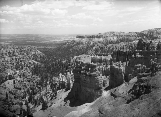 View of the eroded sandstone spires, pinnacles and fins known as hoodoos, Paunsaugunt Plateau, Bryce Canyon National Park (formerly Utah National Park) Utah.