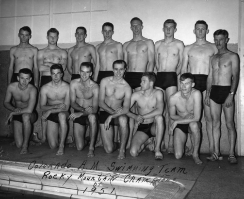 In Fort Collins, Larimer County, Colorado, the Colorado Agricultural and Mechanical College men's swim team poses in their trunks by an interior swimming pool. They are identified as: (L to R) (back) - Dick Conner - Russ Lawrence - Bill Evans (Capt.) - Carl Baily - Dick Benninghoven - Don Rupp - Jim Hurry - GW Tompkins (Tommy) coach (L to R) (front) - Gene Culver - Reyn Robertson - Jerry Darden - John Ehrenreich - Leon Schull - and John Emry."