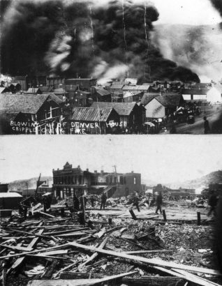 View of two images: top image includes second fire on April 29, 1896, as it streaks across town and an explosion occurs from dynamite stored at El Paso Livery and Stable; lower image includes aftermath from second fire, debris and rubble and background view of partially destroyed Tutt & Penrose two-story commerical building with flat roof.