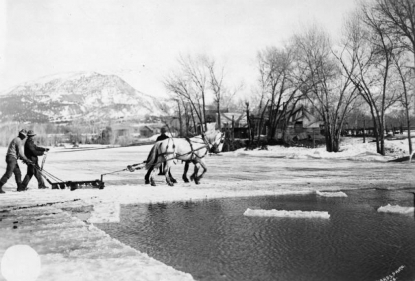 Two men cut ice with an ice cutter pulled by two horses on a pond in Paonia, Colorado in Delta County.  A third man stands by and watches.  Snow blankets the ground.